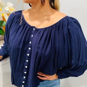 Boutique Shirt Navy Off the Shoulder Size Large
